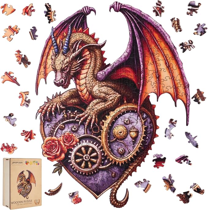 Jigsaw Puzzles,210 Pieces Flying Dragon Wooden Puzzles for Adults, Unique Shaped Plant Puzzles,Brain Teaser Family Flower Puzzle Game (Dragon, Large)