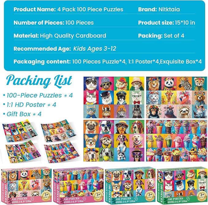 4-Pack 100 Piece Puzzles for Kids Ages 6-8 8-10 - Large Piece Puzzles for Adults Seniors Kids,Dogs Cats Ice Cream Animals Jigsaw Puzzle for Kids Ages 4-6,Learning Educational Toys Gifts for Boys Girls