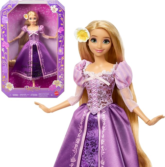 Mattel Disney Princess Rapunzel Sparkling Princess Fashion Doll with Long Hair, Removable Dress & Flower Hair Accessory, Inspired by Tangled Movie