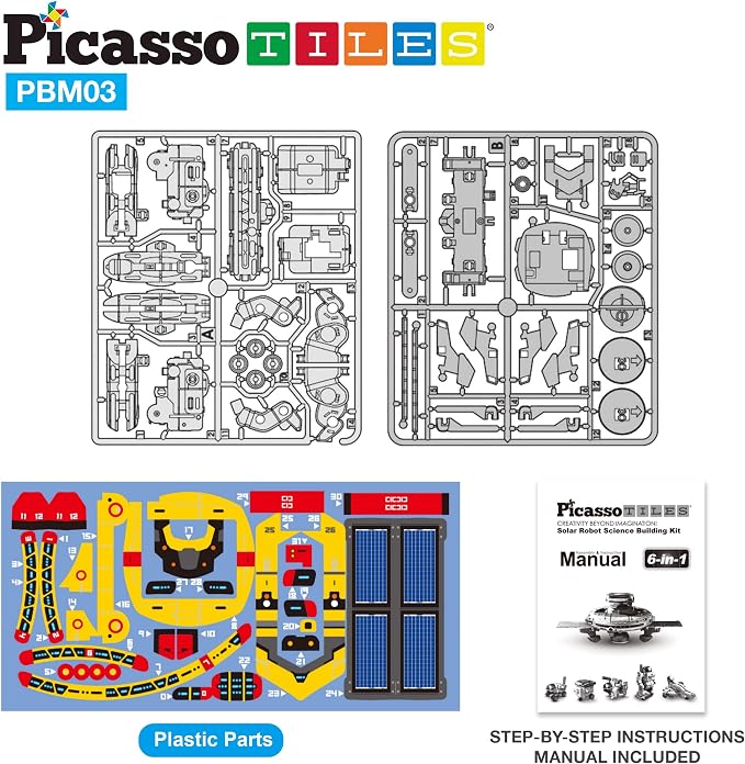 PicassoTiles STEM Kids Solar Powered Space Robot Educational Learning Engineering Building Toy 6-in-1 Creative Unique Transformation Renewable Sun Energy Science Experiment DIY Kit Boys Girls Age 8+