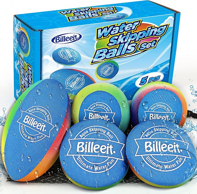 Billeeit 5PCS Water Skipping Balls Set for Pool, Beach & Lake Play, Floating TPR Bounce Balls and Water Discs with Mesh Bag for Kids 3+ and Adults