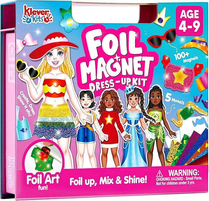 JOVA Klever Kits Foil Magnet Dress-Up Kit, 2-in-1 Fashion DIY Craft for Kids Paper Dolls for Girls Ages 4 5 6 7 8 9 Travel Activity Birthday Gifts with Display Box