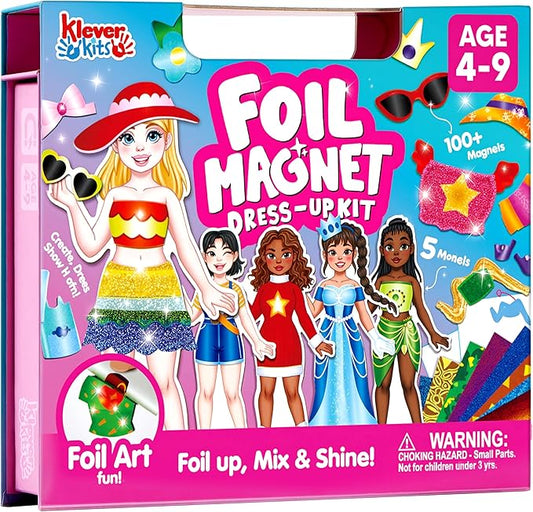JOVA Klever Kits Foil Magnet Dress-Up Kit, 2-in-1 Fashion DIY Craft for Kids Paper Dolls for Girls Ages 4 5 6 7 8 9 Travel Activity Birthday Gifts with Display Box