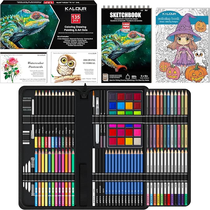 KALOUR 135 Drawing Set Sketching Kit,Art Supplies with 3-color Sketchbook & Coloring Paper,Include Tutorial, Oil Based, Neon,Graphite, Charcoal, Watercolor & Metallic Pencil,for Artist Adults Beginner