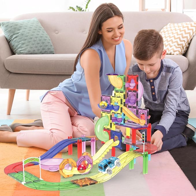 PicassoTiles 121pc Magnetic Tile Race Track Marble Run Magnet Tiles 3-in-1 Playset Car Racing Construction Set STEM Learning Early Education Building Toy Cars for School Toddlers Boys Girls Ages 3+