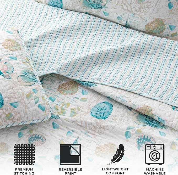 Great Bay Home Coastal Quilt Set - 3-Piece King/California King Size Nautical Bedding Set - Lightweight, All-Season, Reversible Bedspread (Seashell)