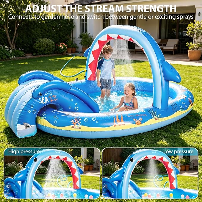 Inflatable Ocean Shark Play Center, Summer Splash Pad Kids Pool with Slide&Sprinkler, Blow Up Toddler Water Pool for Backyard and Garden 96''x59''x39''