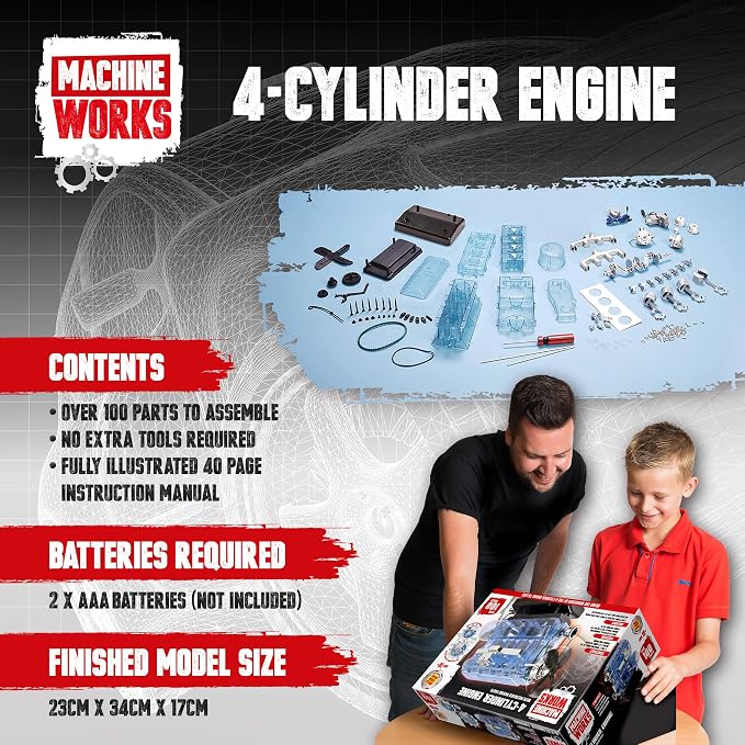 Machine Works Build Your Own Visible Model Engine Toys - Replica Model Building Kit 100+ Pieces- Features Working Sounds and Illuminiation, Internal Combustion Mechanics, Physics, STEM (4-Cylinder)