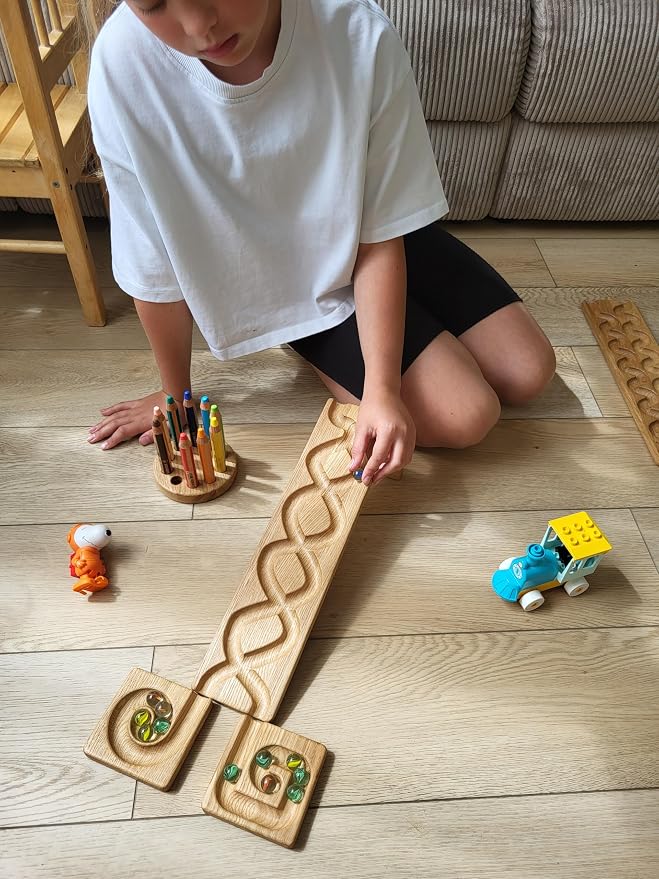 Wooden Marble Run Track Set of 2 Wind+Whirlpol Race Machine Set Wooden Maze Board Ball Run Montessori STEM Toy Gift for Kids Marble Wave Course Winding Roller Track Game (Wind+Whirlpol)