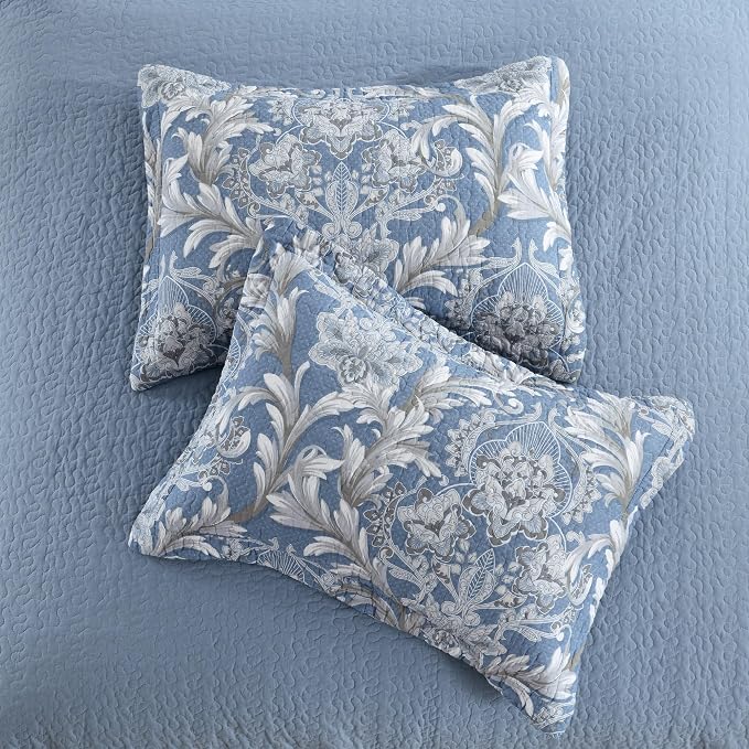 King Size Quilt Set - Dusty Blue and Gray Quilt Set King, 100% Cotton Floral Bedspread Set 3 Piece, Classic Damask Bedspread, Reversible Lightweight Quilt Bedding Set