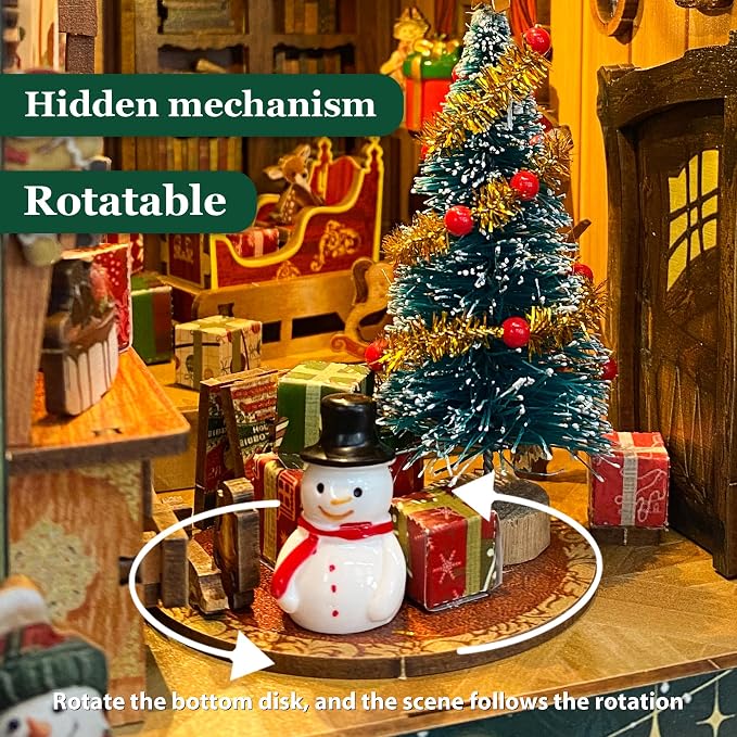 Christmas Book Nook Kit with LED Light - DIY 3D Puzzles Miniature House Kit Rotating Decorative Dollhouse Book Nooks for Adults Teens Gift - Jingle Cabin (SQ-34)