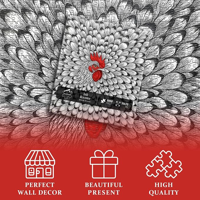 Impossible Puzzle for Adults 1000 Pieces, PICKFORU Funny Chicken Puzzle Abstract Art, Animal Rooster Jigsaw Puzzle Black White