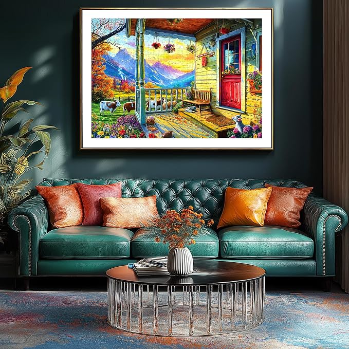 Puzzles for Adults 1000 Pieces, Country Life - Autumn Porch with Animals Puzzles for Adults, Mountain Scene Jigsaw Puzzle 1000 Pieces, Gift for Adult Jigsaw Puzzles Lovers, 27.5 x 19.7 inch