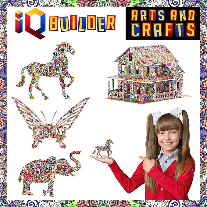 IQ BUILDER | Arts and Crafts for Girls Age 12 Year Old and UP | 3D Art Coloring Painting Animal Puzzle Set | Fun Creative DIY Toys | Family Craft KIT with Supplies | Best Toy Gift for Kids
