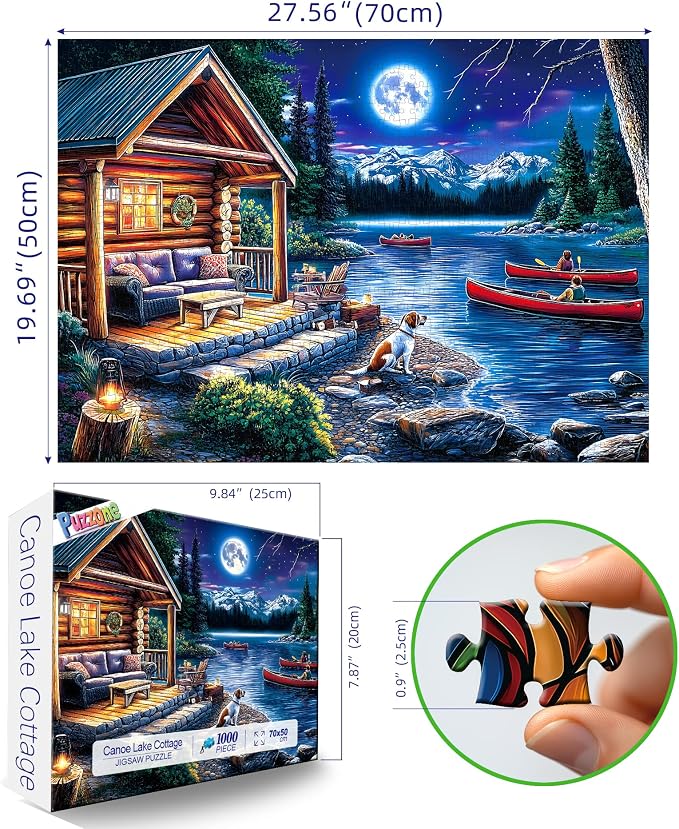 Puzzles for Adults 1000 Pieces, Moonlit Canoe Lake Cottage Landscape Jigsaw Puzzle for 1000 Pieces Perfect for Challenging Game Nights, Finished Size 27.5"x19.7"