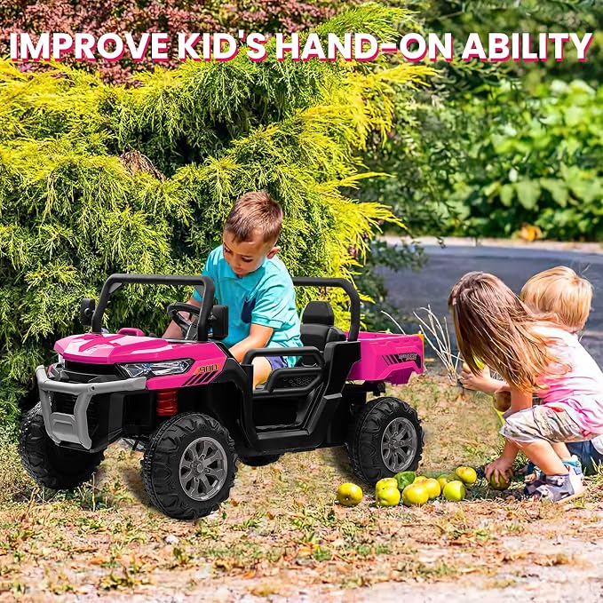 24V 4WD Ride on Truck Car w/4X200W Motor, Dump Bed, Gift Flower, 2 Seaters, Remote Control, 4 Wheeler, LED Light, Music, 24 Volt Ride on Toys for Big Kids Girls 3-8, Pink