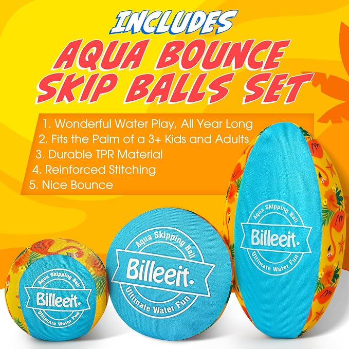 Billeeit 5Pcs Water Skipping Balls for Pool Play, Ocean Blue Splash Water Bouncing Balls with Portable Mesh Bag, Fun Beach Toys & Games for Kids 3+ 4-8-12 and Adults