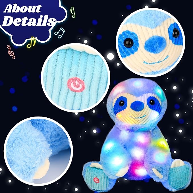 Light-up Plush Blue Sloth LED Stuffed Animal Birthday Christmas Plushies Toy Gifts for Kids Toddler Girls, 10.5"