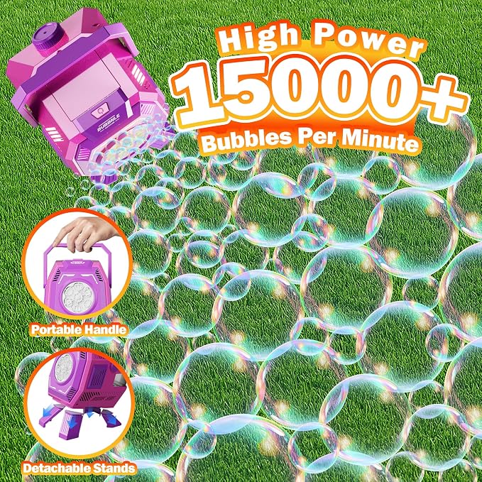 Belemar Bubble Machine for Kids with Lights, 6 Big Bubble Holes, Up to 15,000 Bubbles/Min, 320ml Large Tank, Battery Operated Portable Bubble Blower for Toddlers, Birthday Parties & Outdoor Fun