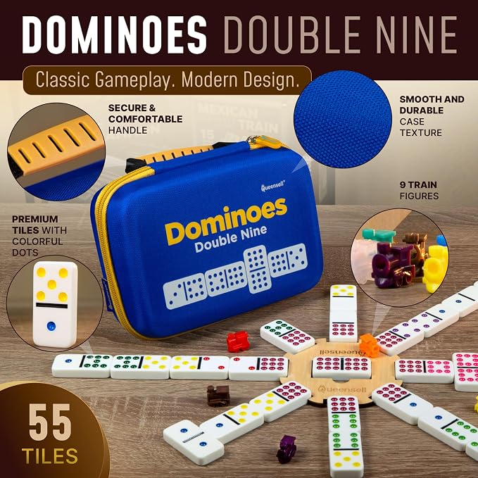 Queensell Double 9 Dominos Set for Adults and Kids with Colored Dots – Classic Dominoes Game Set with 55 Tiles, Wooden Hub, Trains and EVA Carrying Case