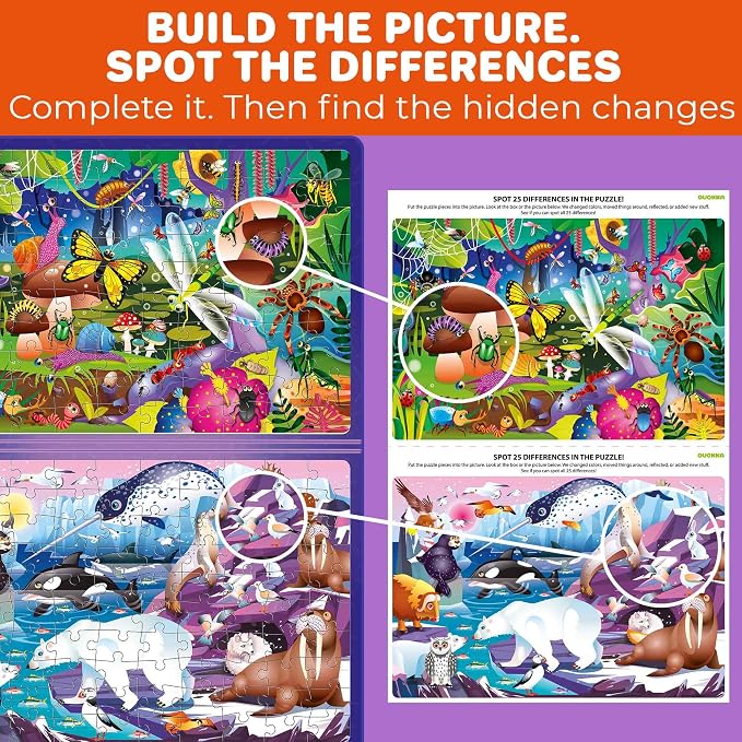 QUOKKA Magnetic Puzzles for Kids Ages 4-6 – 100 PCS Magnetic Puzzle Book for Toddlers 3-5 – 2 Puzzles & 2 Spot The Difference Maps – Search & Find Travel Games – Activity Book Bugs & Polar Animals