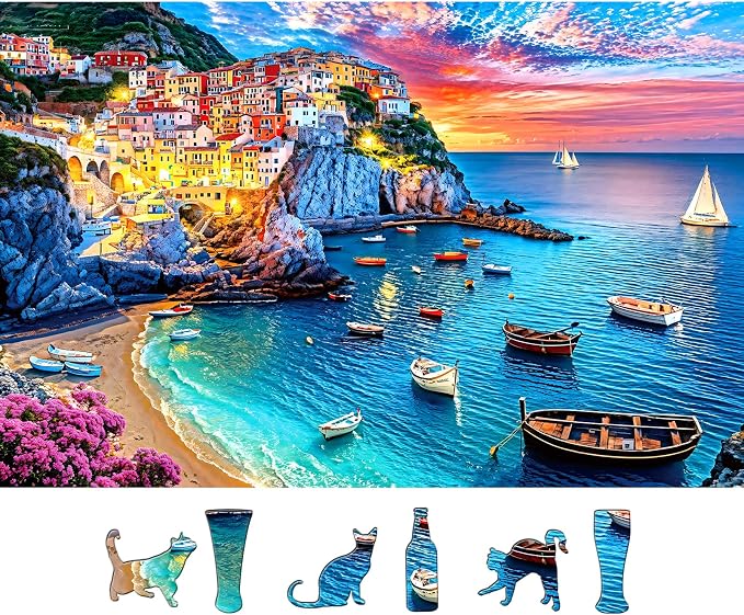 Cinque Terre Coastal Twilight 500 Piece Puzzle for Adults, Fun Puzzles for Adults 500 Pieces with HD Print & Poster, 23 * 15 Inch Dust Free, for Gifts Halloween Christmas Family Lovers