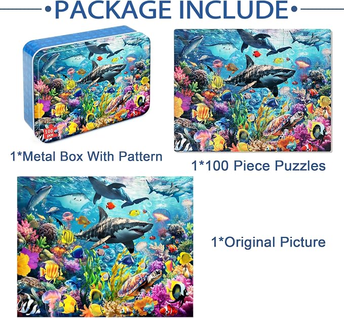 LELEMON Puzzles for Kids Ages 4-6,Underwater World 100 Piece Puzzles for Kids in a Metal Box, Educational Jigsaw Puzzles 100 Piece Puzzle Games Puzzle Toys for Girls and Boys