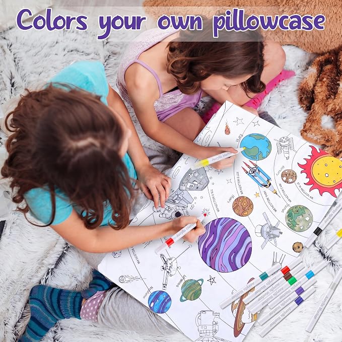 Mindsoft Coloring Craft Coloring Pillowcase Space Pillowcase with 12 Pcs Markers Pens for Decoration Supplies Craft, 28.7 x 19.7 Inch