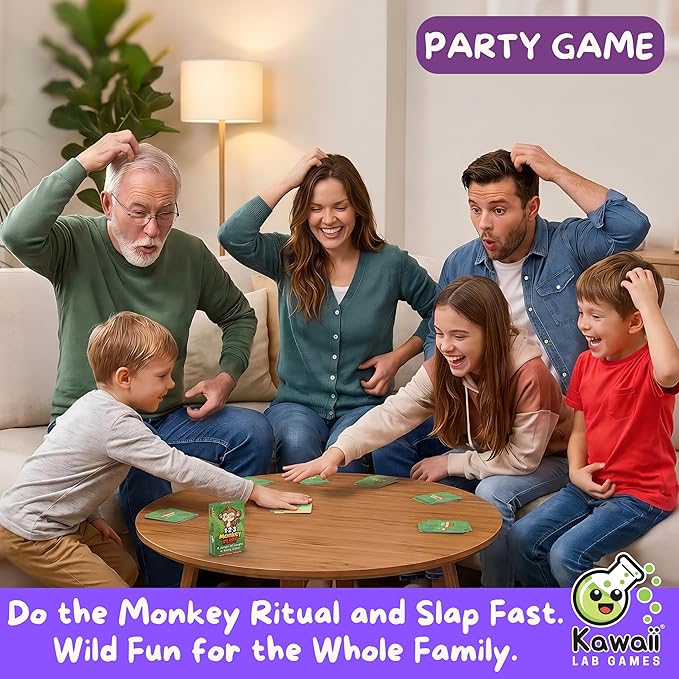 KAWAII LAB GAMES 1-2-3 Monkey Flip Family Card Game for Kids, Teens & Adults | Quick & Easy Party Card Game for Game Night | Fast Slap-and-Reaction Gameplay | Ages 6+ | 2-6 Players | 10-20 Min