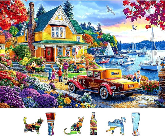 500 Piece Jigsaw Puzzles for Adults Autumn Harbor Cottage Scenic Puzzle Seaside Vibrant Fall House Scenery Puzzles for Seniors & Families, Fun Relax Puzzles with Letters on Back, 23x15 Inch