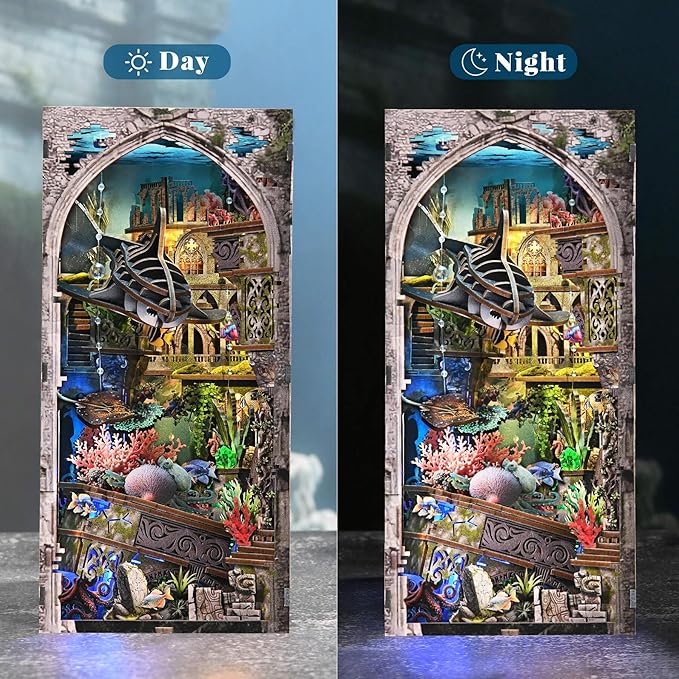 fifijoy Book Nook Kit - DIY Miniature Dollhouse Kit for Adults and Teens, 3D Wooden Puzzle Bookend with LED Light, Creative Bookshelf Decor Gifts for Family and Friends (Lost City of Atlantis)
