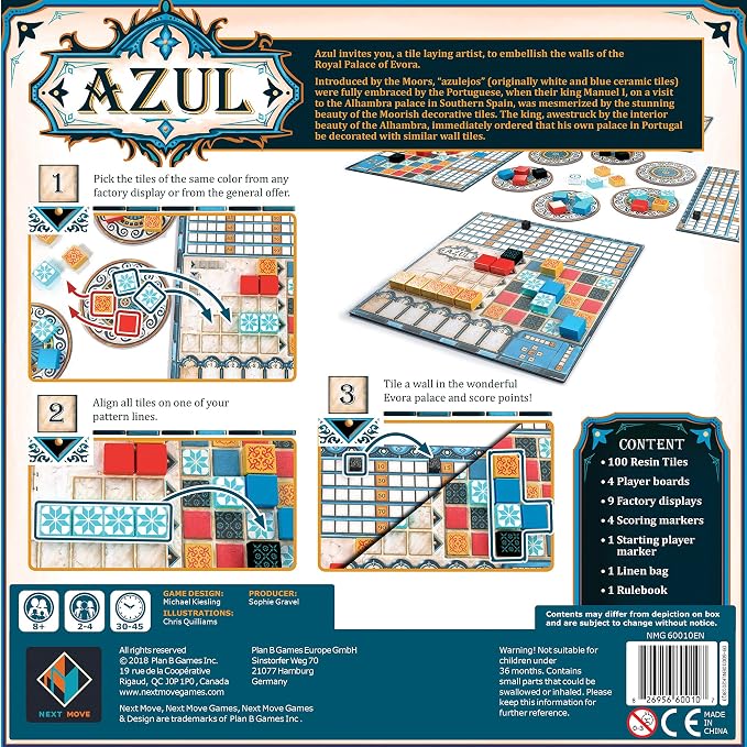 Azul Board Game - Award-Winning Tile-Placement Strategy with Beautiful Mosaic Art for Adults & Families, Family Fun for Adults, 2-4 Players Ages 8+, 30-45 Minute Playtime