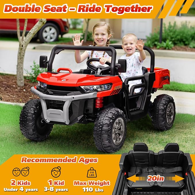 Joyracer 4WD 24 Volt Ride on Toys, 800W Ride on Truck for Kids, 2 Seater Power Car Wheels w/Dump Bed & Shovel, Ride on UTV w/Remote Control, Bluetooth, LED Lights, Red