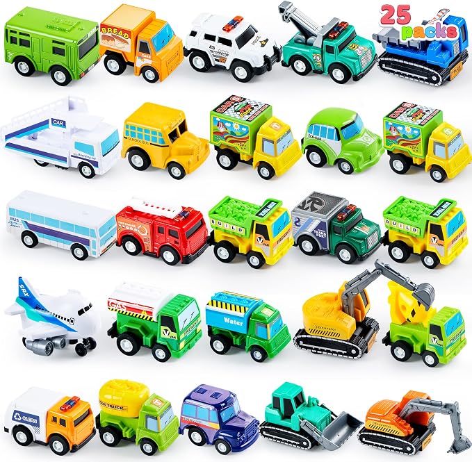 JOYIN 25 Pieces Pull Back Cars and Trucks Toy Vehicles Set for Toddlers, Girls and Boys Kids Play Set, Party Favors, School Gifts, Goodie Bags Stuffers for Kids
