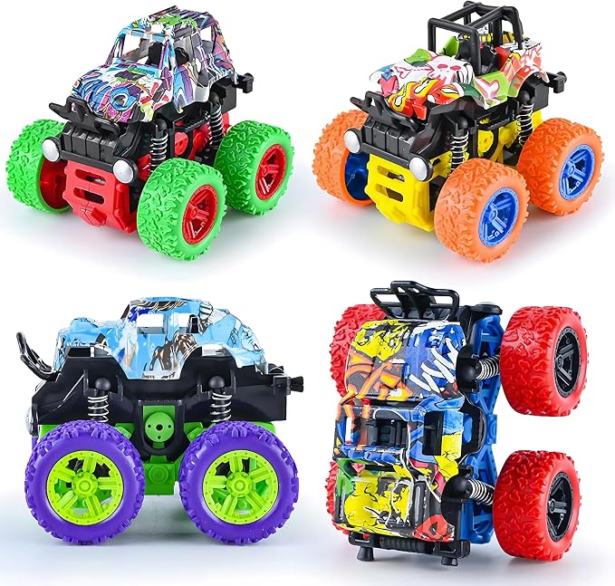 Push and Go Friction Powered Car,Toys for Boys 3-7 Years Old, Monster Toys Truck 4 Pack 360° Rotating Stunt Cars,Double-Directions Inertia Pull Back Vehicle Set,Birthday Party Gift for Kids