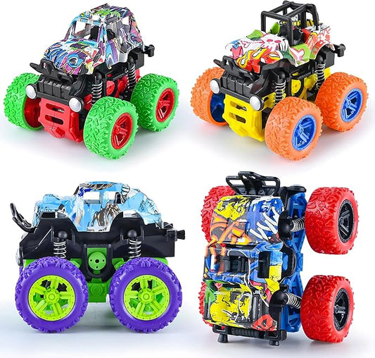 Push and Go Friction Powered Car,Toys for Boys 3-7 Years Old, Monster Toys Truck 4 Pack 360° Rotating Stunt Cars,Double-Directions Inertia Pull Back Vehicle Set,Birthday Party Gift for Kids