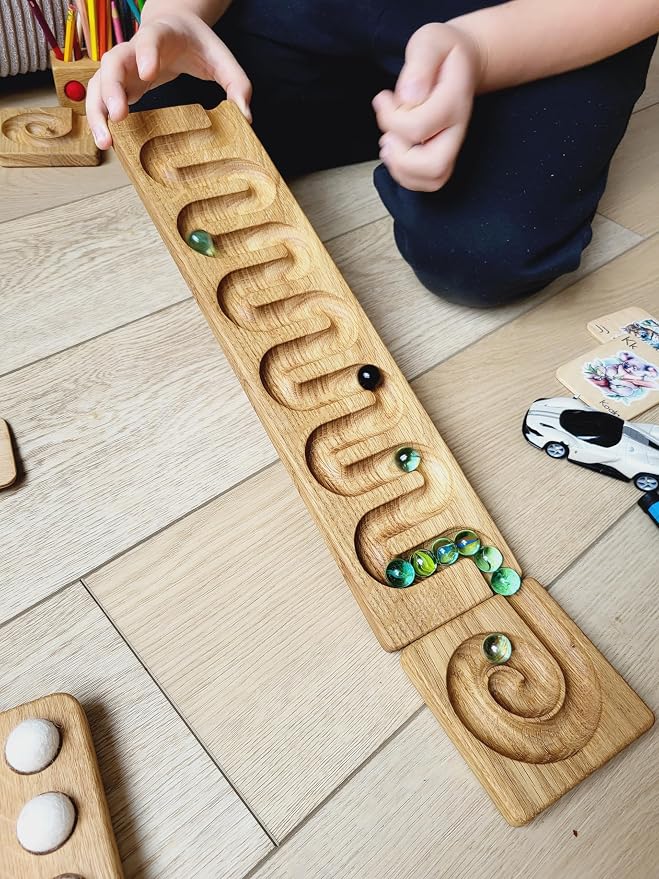 Marble Race Marble Personalized Wooden Maze Board Ball Run Course Gift for Kids Winding Track Roller (River)