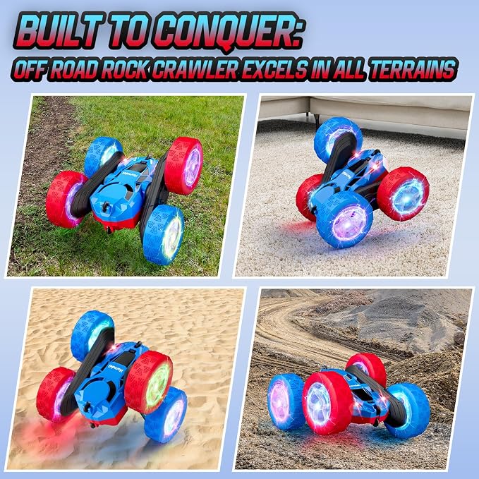 Hamdol Remote Control RC Car for Kids 6-12, High-Speed 4WD Stunt Car with LED Lights & 360° Rotation, 2.4GHz Off-Road Vehicle Toy with Rechargeable Battery, Cool Valentines and Birthday Gift for Boys