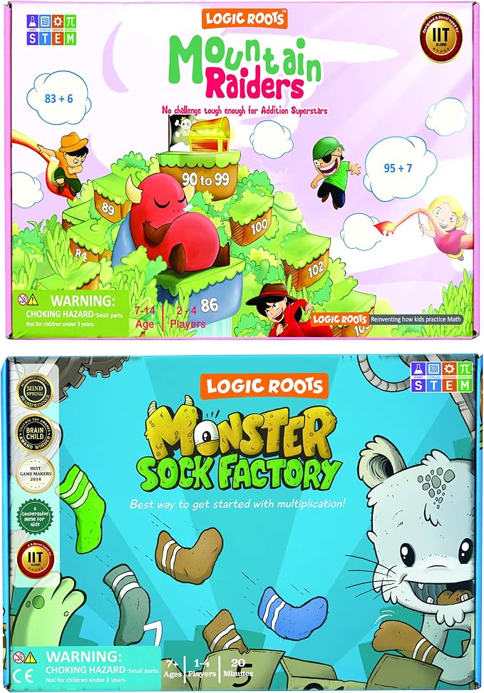 Two Math Games for Kids - Learn Addition, Subtraction, and Multiplication Table | Educational Games for Kids 5 and up for Kids (Monster Sock Factory + Moutain Raiders)
