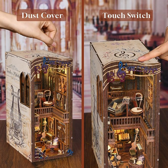 fifijoy Book Nook Kit Music, DIY Miniature House Kit Book Nook, 3D Wooden Puzzle Bookshelf Insert Diorama Kit with Led Light for Teens and Adults (Timeless Melody)