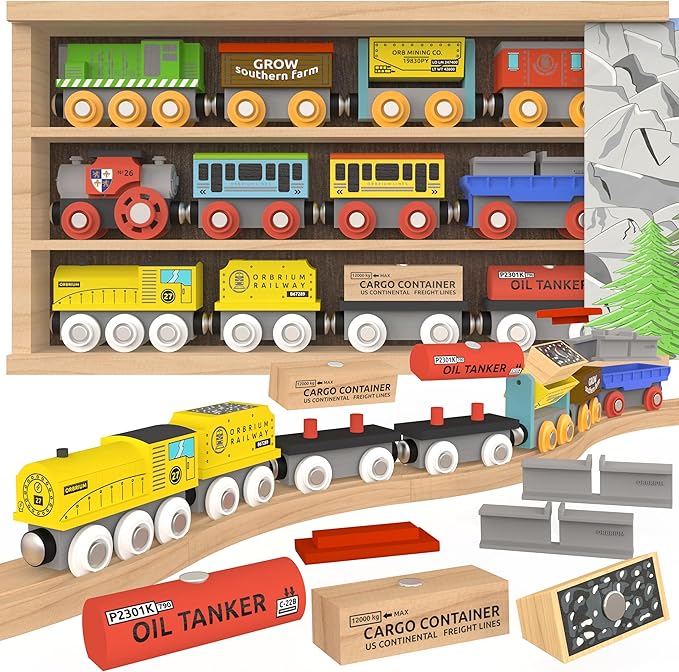 Wooden Train Set 12 PCS Magnetic Toy Train Cars with Storage Box Cover Tunnel Compatible with Thomas Brio Melissa and Doug Wooden Railway Toys for Grandkids Kids Toddlers Boys Girls