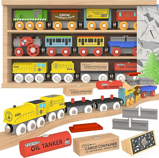 Wooden Train Set 12 PCS Magnetic Toy Train Cars with Storage Box Cover Tunnel Compatible with Thomas Brio Melissa and Doug Wooden Railway Toys for Grandkids Kids Toddlers Boys Girls