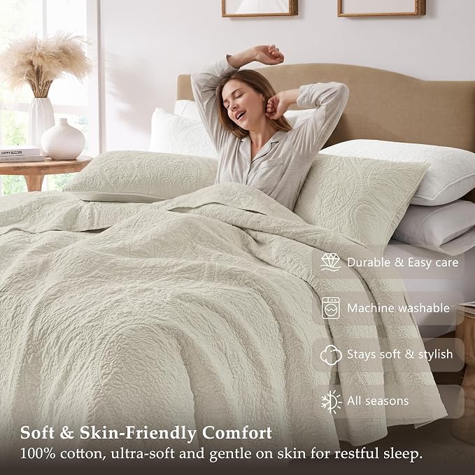 palassio Beige Paisley 100% Cotton Quilt Queen Size Bedding Sets with 2 Pillow Shams, Boho Floral Lightweight Farmhouse Country Vintage Soft Bedspread Shabby Chic Coverlet for All Season, 3 Pieces