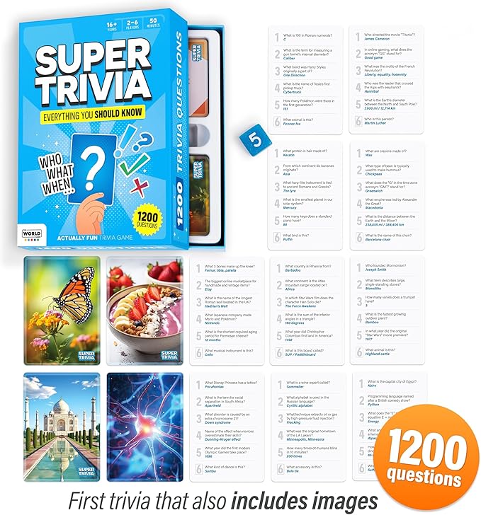 Super Trivia Game for Adults with 1200 Questions - Fun Board Game for Adults - Family Road Trip Travel Game for the Pursuit of Trivial Knowledge