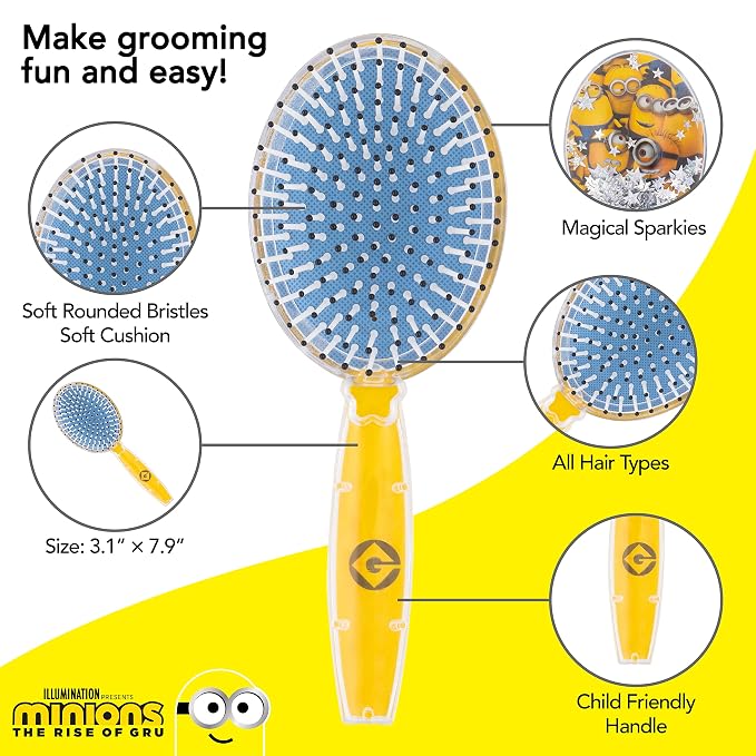 Minions Hair Brush with Magical Sparkling Stars Confetti - Kids Hair Brush Ages 3+