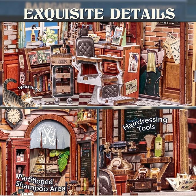 Cutefun Book Nook Kit - DIY Miniature Coffee Shop Dollhouse Kit for Adults and Teens, 3D Wooden Puzzle Bookshelf Insert Decor with LED Light, Gifts for Book Lovers and Beginners (John's Hair Salon)