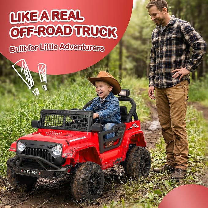 12V 7AH Kids Ride-On Truck Car, Electric Car with Parent Remote Control, Spring Suspension, LED Lights, Bluetooth, Music, Bright Red