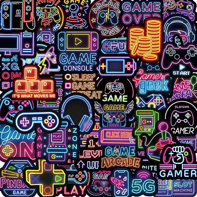 QTL Neon Video Game Stickers for Boys Teens, Game Party Supplies, Waterproof Vinyl Stickers for Water Bottle Laptop, 50 Pcs