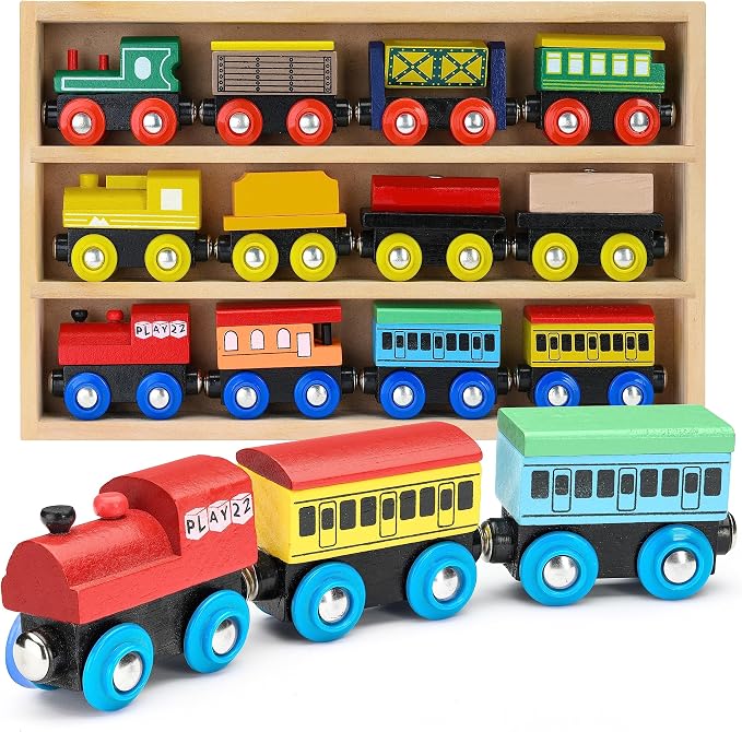 Play22 Wooden Train Set 12 PCS - Magnetic Train Toys Set Includes 3 Engines - Toy Sets for Kids Toddler Boys and Girls - Compatible with All Major Brands - Original