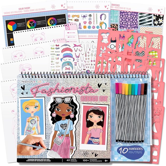 Fashion Angels Fashionista Design Sketch Book Set, Includes Sketch Pad with Stencils, Stickers & Instructions for Inspiration, Ideal Drawing Kit for Kids
